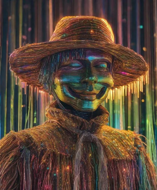 Prompt: fiber optic dreams of a scarecrow, iridescent glitched stained glas, sun beam 