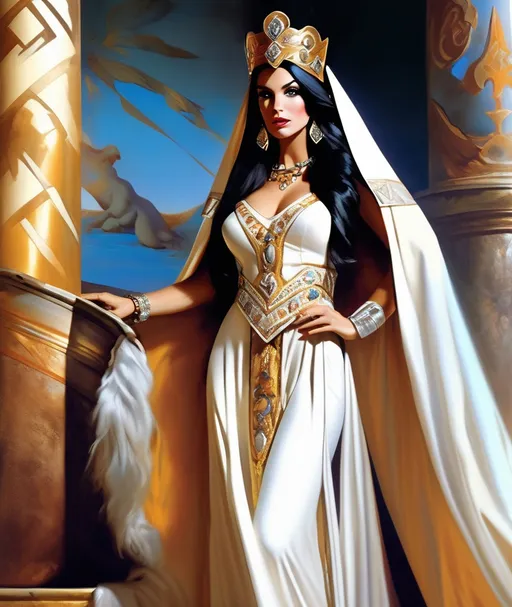 Prompt: photo-realistic, hyper-realistic, in the style of boris vallejo and frank frazetta, the young and stunningly beautiful byzantine greek irene angelina, queen consort of germany, time travels from the 12th century to take center stage in a vaudeville production, wearing her beautiful robes and jewels, 8k 