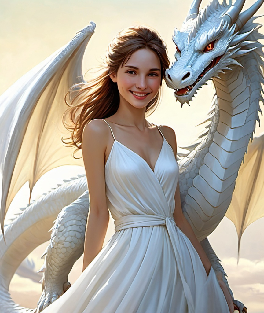 Prompt: Style of Judith Desrosiers: full body shot, white dragon's body wrapped around the woman, a friendly, smiling scene, A white dragon with gentle, lovely eyes and a young woman in her early twenties, she has sparkling smile, 