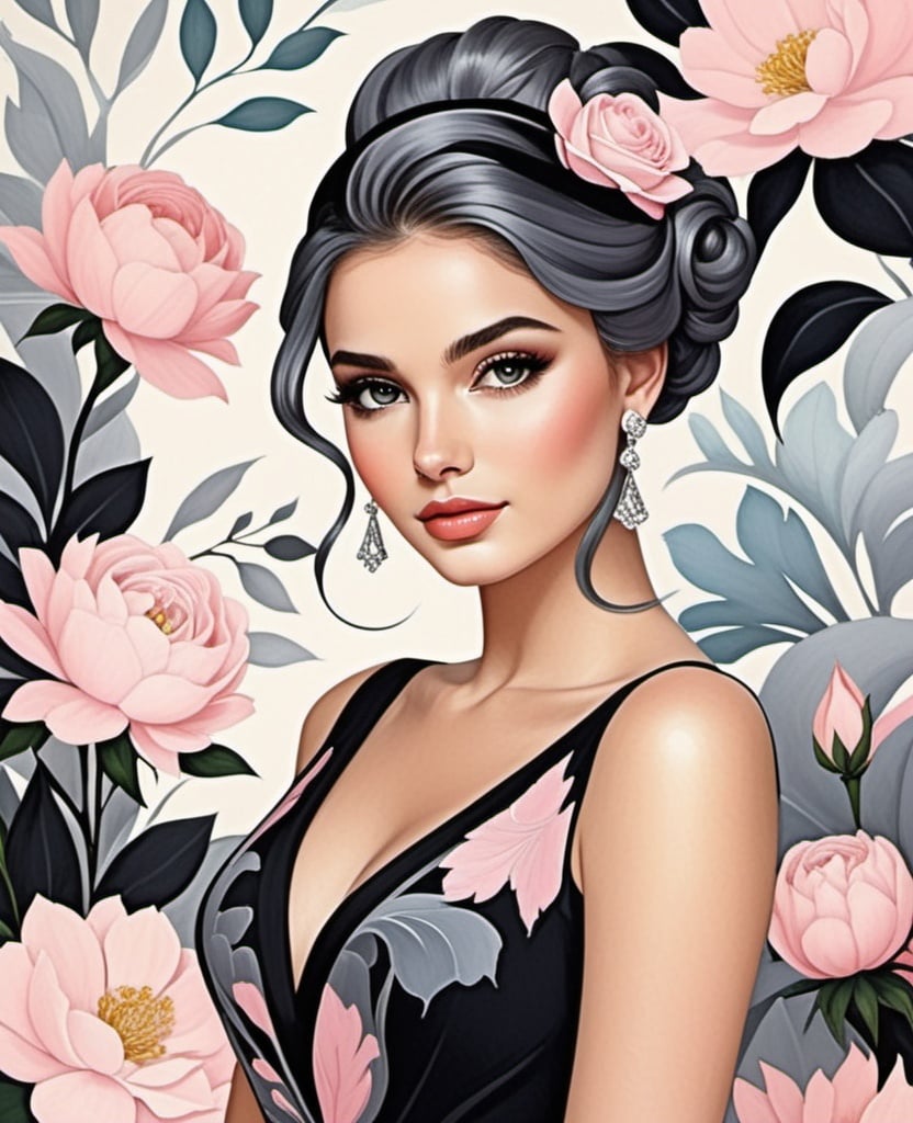 Prompt: Style of Itzchak Tarkay, Faiza Maghni, Henry Justice Ford, Jessica Durrant, beautiful girl, grey eyes, pastel pink updo hair, in a stylish black dress, beautiful, detailed, floral background.