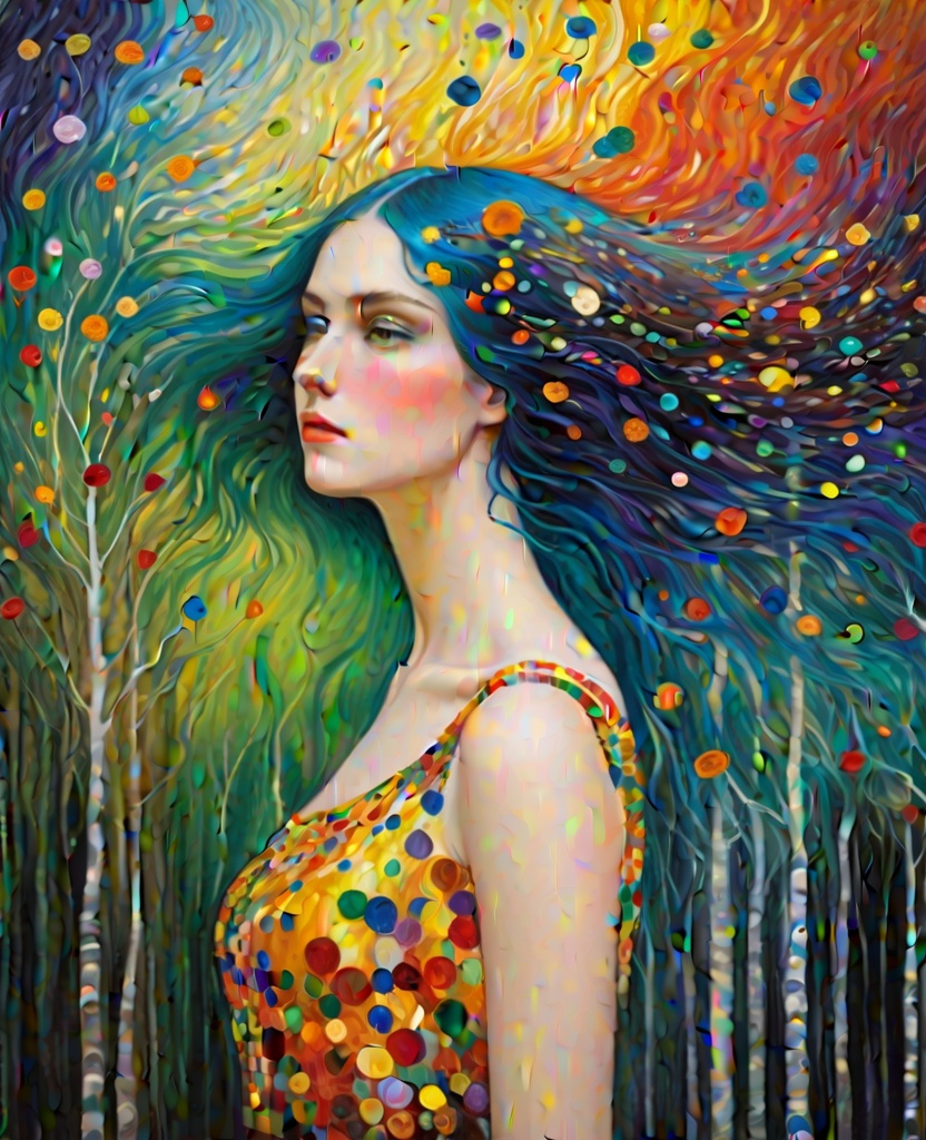 Prompt: The beautiful young lady, She comes in colors everywhere She combs her hair She's like a rainbow Coming, colors in the air Oh, everywhere She comes in colors, Gustav Klimt, Carboniferous Forest