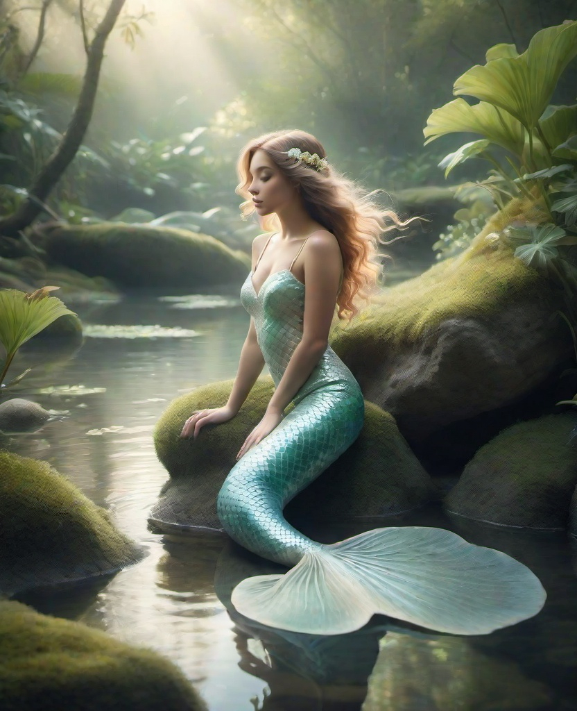 Prompt: professional photography of dreamy and ethereal landescape image of an American amphibian half human mermaids. The image includes soft and muted colors in pastels in a soothing atmosphere. Rendered in a soft and gentle lighting technique. Post-processing includes tone mapping and balance in white to enhance the dreamy and otherworldly quality of the image. n the style of textured shading, volumetric, rtx, atmospheric, ultra realistic, photographic, hyper detailed, dramatic.