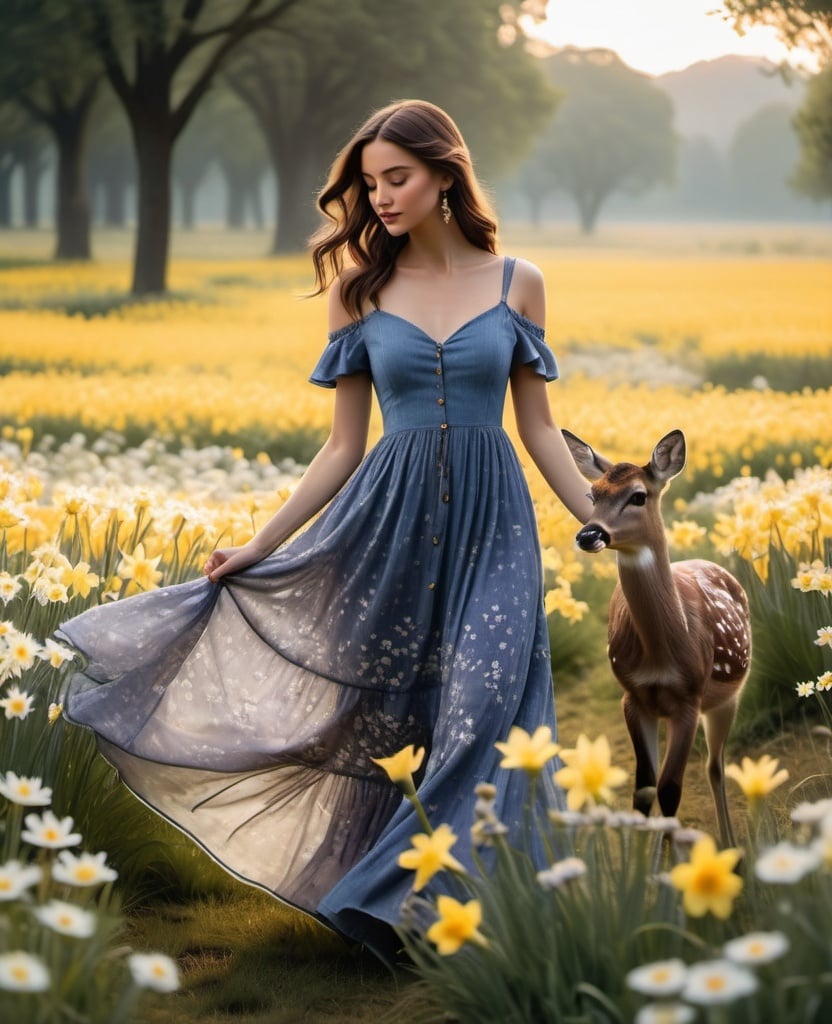 Prompt: Danielle, a demure damsel in a dreamy daisy field, donning a dress dipped in shades of delicate daffodil and dusty lavender. Beside her, a dappled deer, adorned in dusky hues of deep denim and dark chocolate, delicately grazes, casting dappled shadows as the day drifts into dusk.