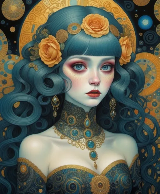 Prompt: Art by Klimt, Chris Leib, Daniel Merriam, Kelly McKernan, she is almost passable as human, Why don't you take off your human costume, girl?, macabre horrific, highly detailed , rich in colors 
