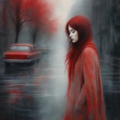 Prompt: A very pretty dreamy ghostly girl weeping in a empty foggy city street art by Daria Endresen, Lin Fengmian, Elger Esser, Rimel Neffati. Cold pallet colors, shades of light red, 3d, watercolors and ink, beautiful, fantastic view, extremely detailed, intricate, best quality, highest definition