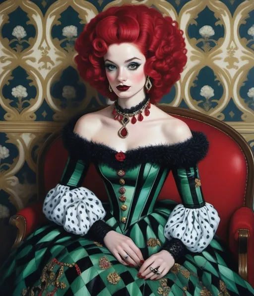 Prompt: Art by Art by Jocelyn Hobbie, Aaron Jasinski, Clare Elsaesser, Erik Madigan Heck, carnivalesque captures a harlequin woman, she has an extravagant choppy hairstyle with black and white streaks of hair, beautiful eyes, full lips, elegant hands, wearing a puffy off shoulder madder red dress. Her royal poodle with thick black and white curly coat poodle dog is with her. The resemblance of a dog to its owner, complicity, exaggerated facial expressions. Black, dark greens, red, saffron yellow and white.