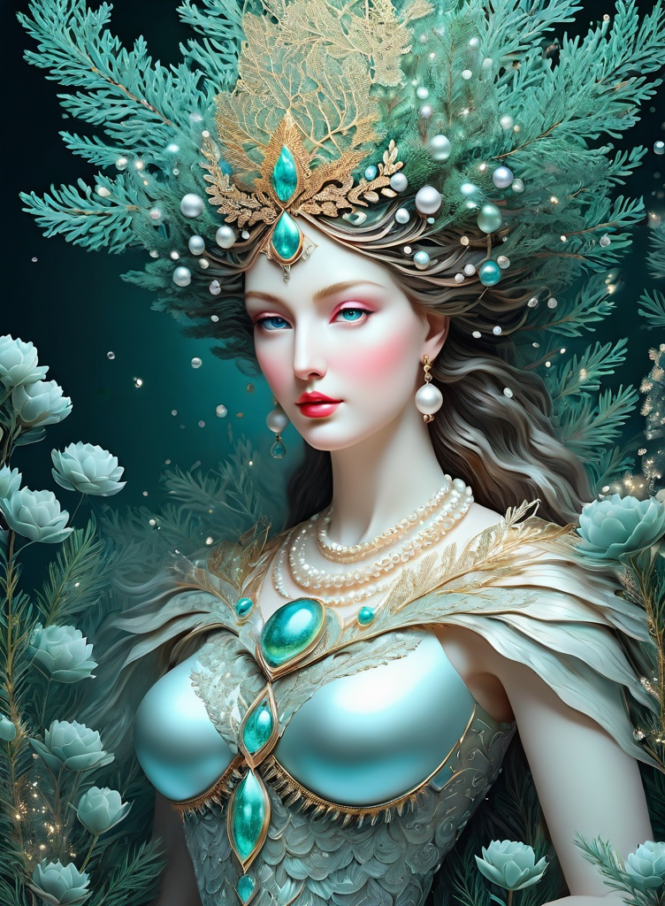 Prompt: multi exposure, goddess of love with pearl masterpiece coniferous, fashion editorial. 3d, extremely detailed, intricate, beautiful, high definition 