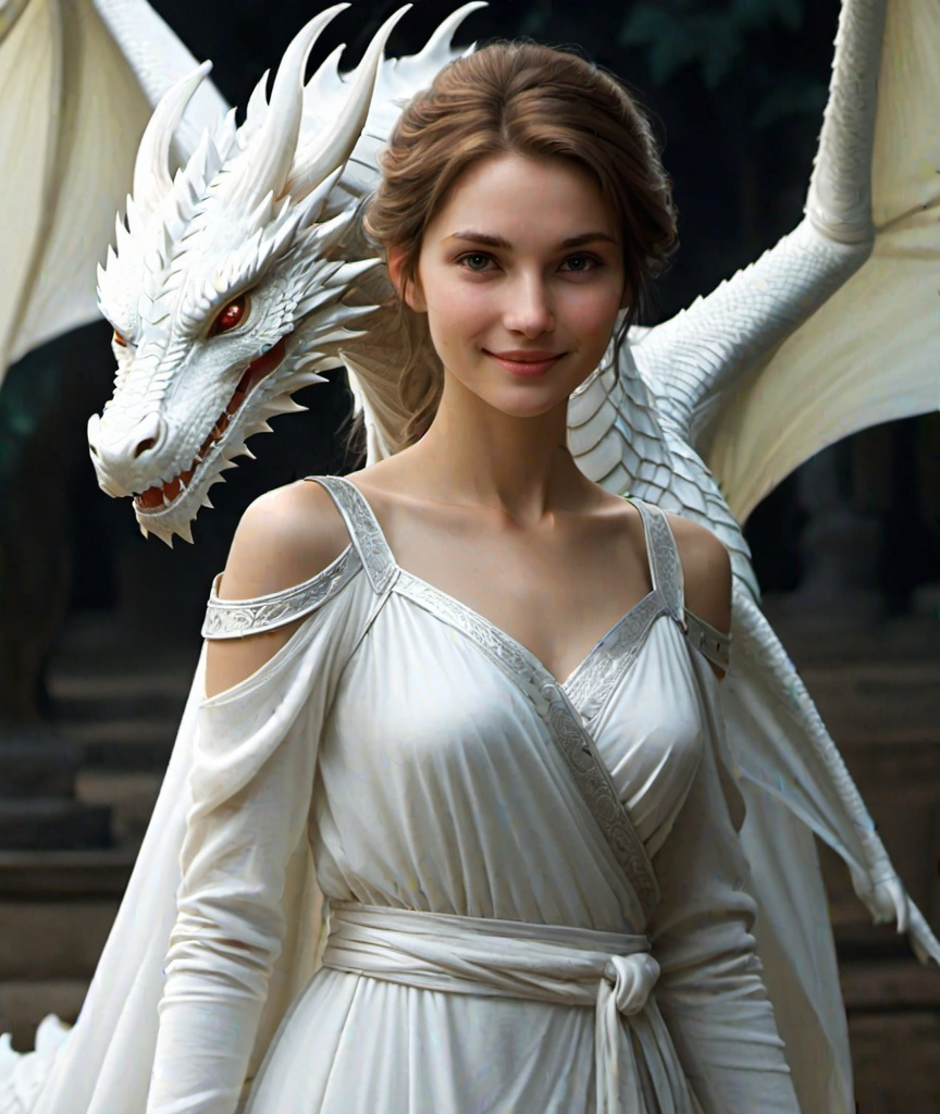 Prompt: Style of Daarken, Judith Desrosiers: full body shot, white dragon's body wrapped around the woman, a friendly, smiling scene, A white dragon with gentle, lovely eyes and a young woman in her early twenties, she has sparkling smile, 