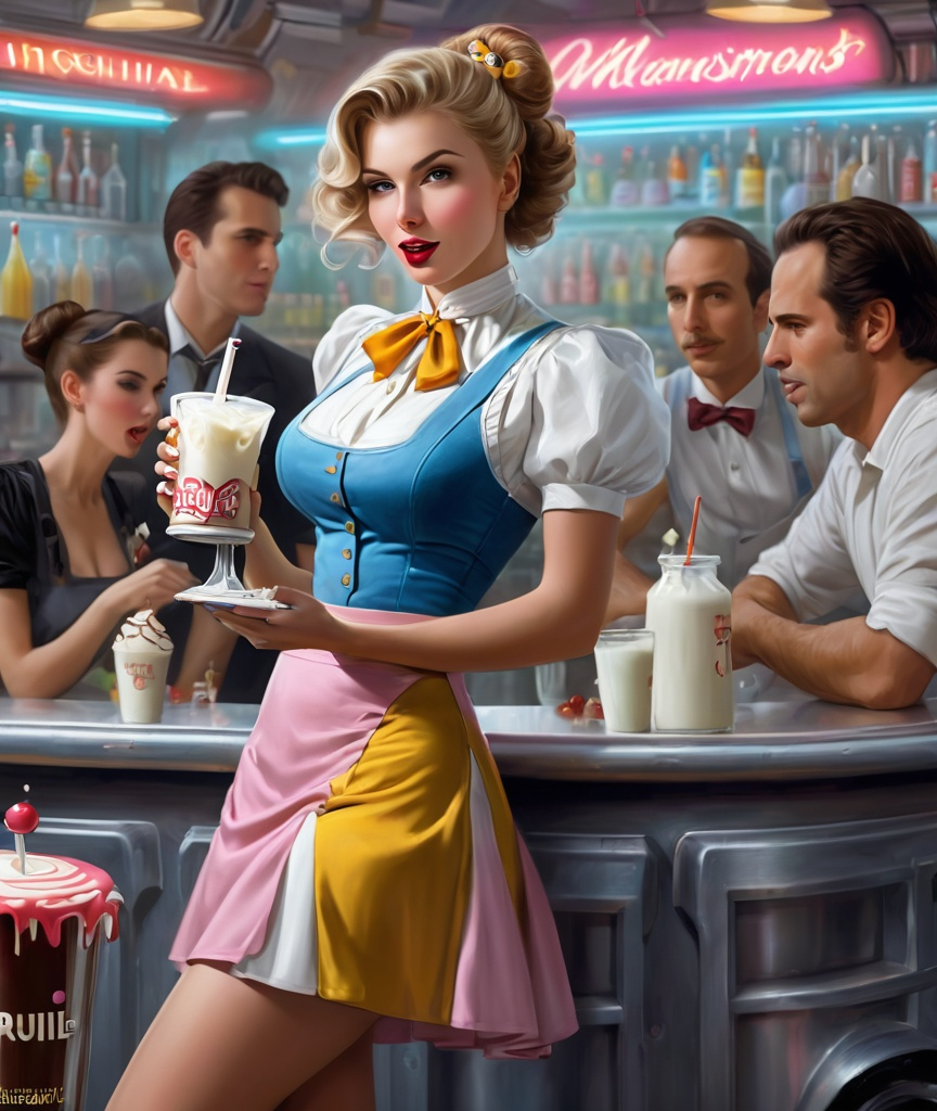 Prompt: Rollerblading waitress delivering milk shake large Hadron Collider-detailed expression David Michael bowers Ronen Goldman Katerina Plotnikova opposites (batin) She wants a vaudeville tip 