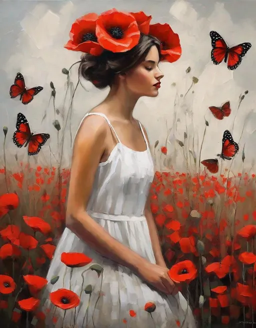 Prompt: Thick palette knife drawing, art by Beth Conklin: a pretty girl and the butterflies sitting through the poppies. Tall red poppies touching her face, the butterflies flying around her head. large brush strokes, oil painting, she is wearing a white dress.