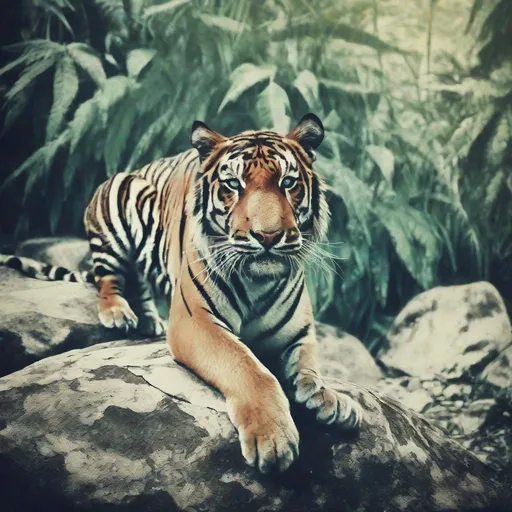 Prompt: photonegative refractograph rock song "welcome to the jungle", cinematic photography, cross processing photo, ultra real main character : tiger