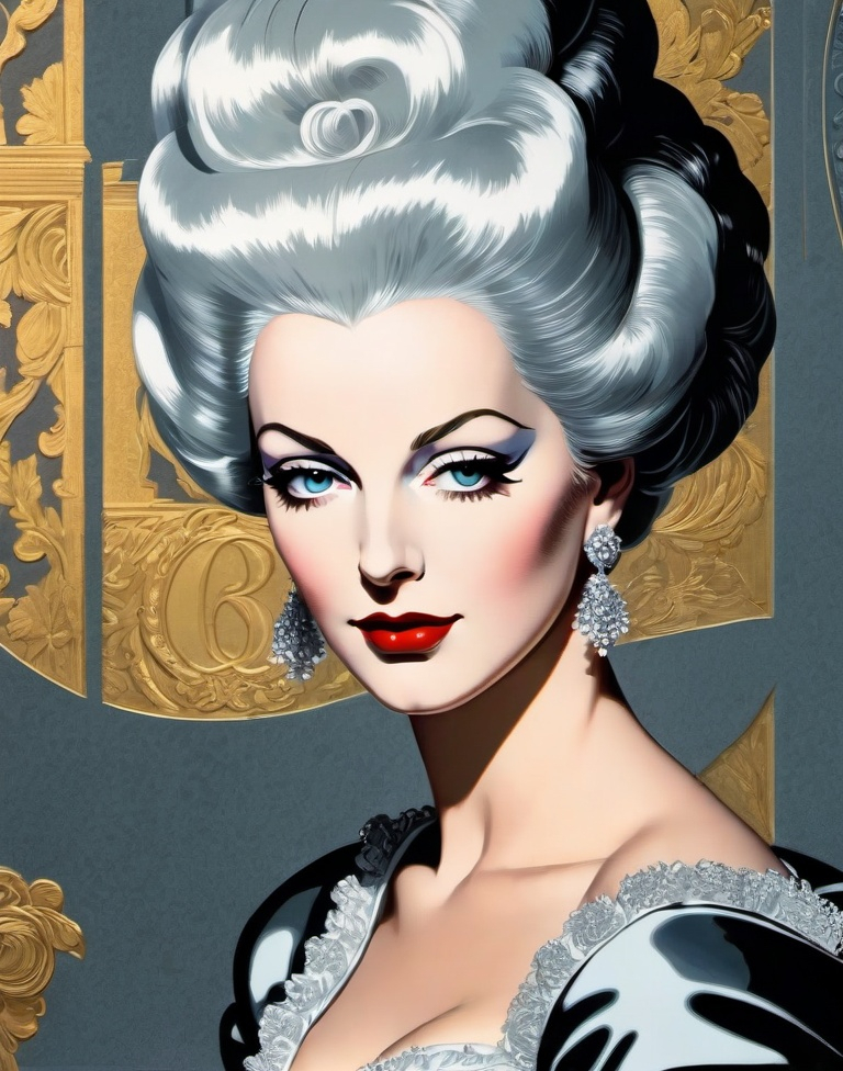 Prompt: extreme close-up portrait. Marie Antoinette Head slightly tilted. Her skin is shiny. Melancholy. Minimalist Versailles style. In the style of Patrick Nagel and etched currency portrait. By Gil Elvgren. 