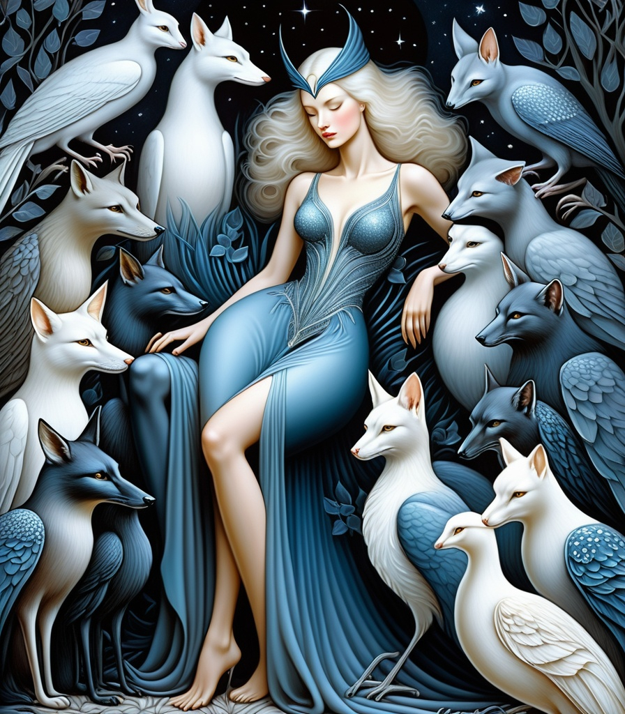 Prompt: She is a night woman surrounded by night animals style of Octavio Ocampo, Bob Mackie, Frieke Janssens, Aaron Jasinski, Genevieve Godbout, Morris Hirshfield, Robert Gillmor, Amy Giacomelli. Soft pearlercent colors, Extremely detailed, intricate, beautiful, 3d, high definition