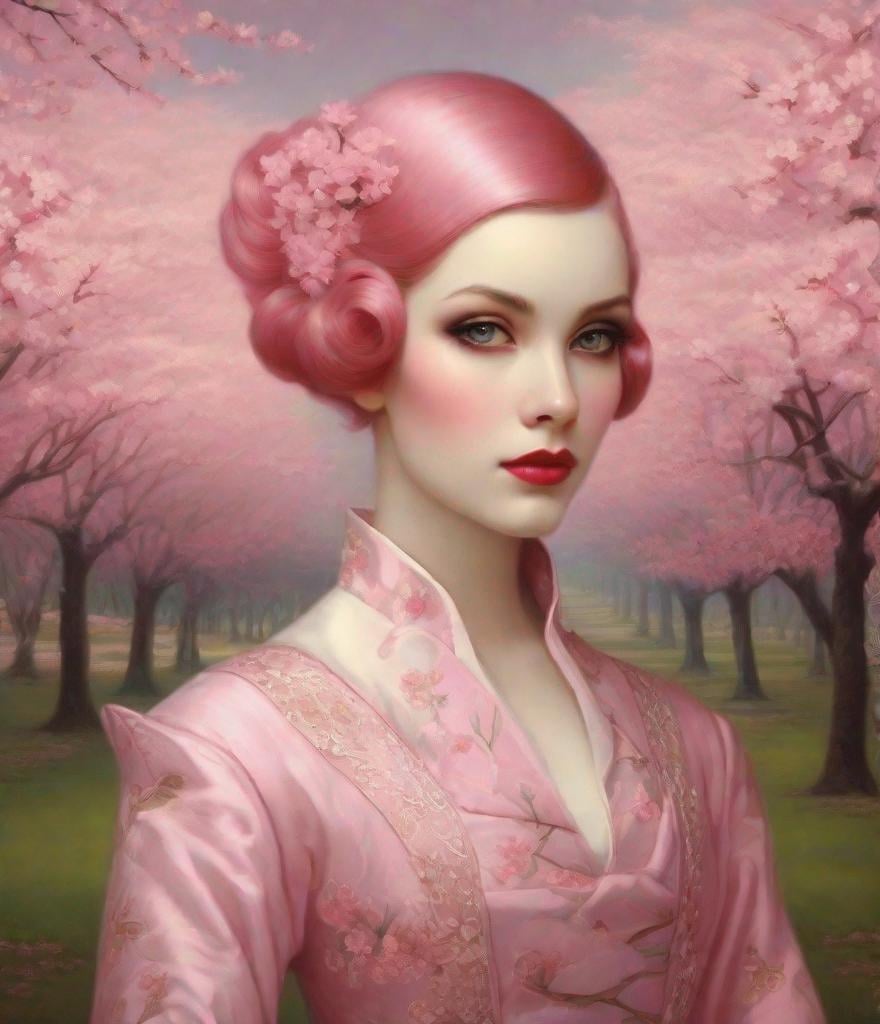 Prompt: modern gothpunk pink girl in cherry blossom sakura viewing spring:: victorian goth fashion for pixie-faeiries, Cameo, tom Bagshaw, H. A. Brendekilde, Jessie M. King, Peter Driben