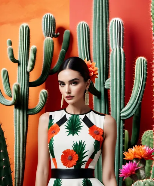 Prompt: abstract daytime, mexico, compari, alice and olivia, fashion photoshoot collage by mi-zo, with cactus and exotic flowers