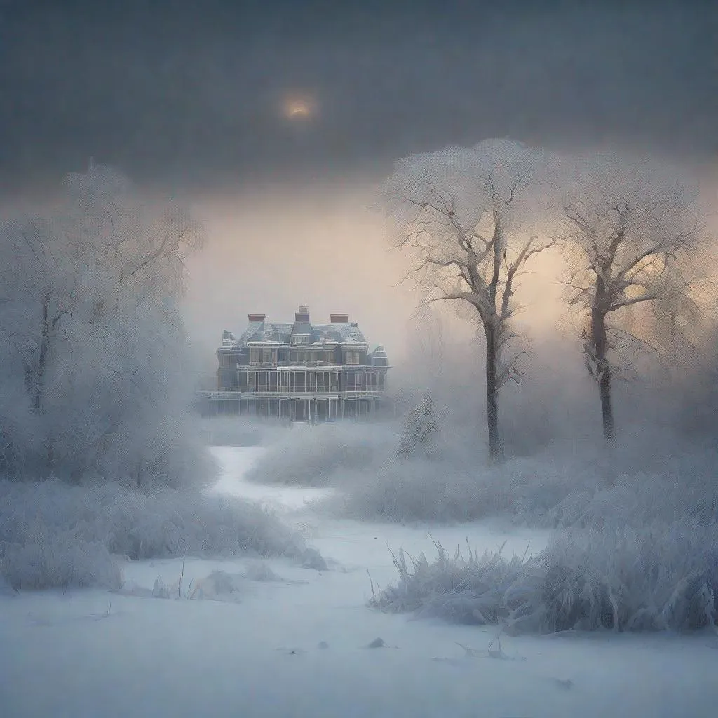 Prompt: Winter landscape, snow blizzard, an isolated haunted mansion, trees covered with snow, a sense of peace, tranquility and a hauntedly beauty, Twilight rays, eerie mood, In style of Akos Major, Carsten Meyerdierks, Lee Madgwick. 
elegant intricate beautiful award winning fantastic view ultra detailed, high definition 