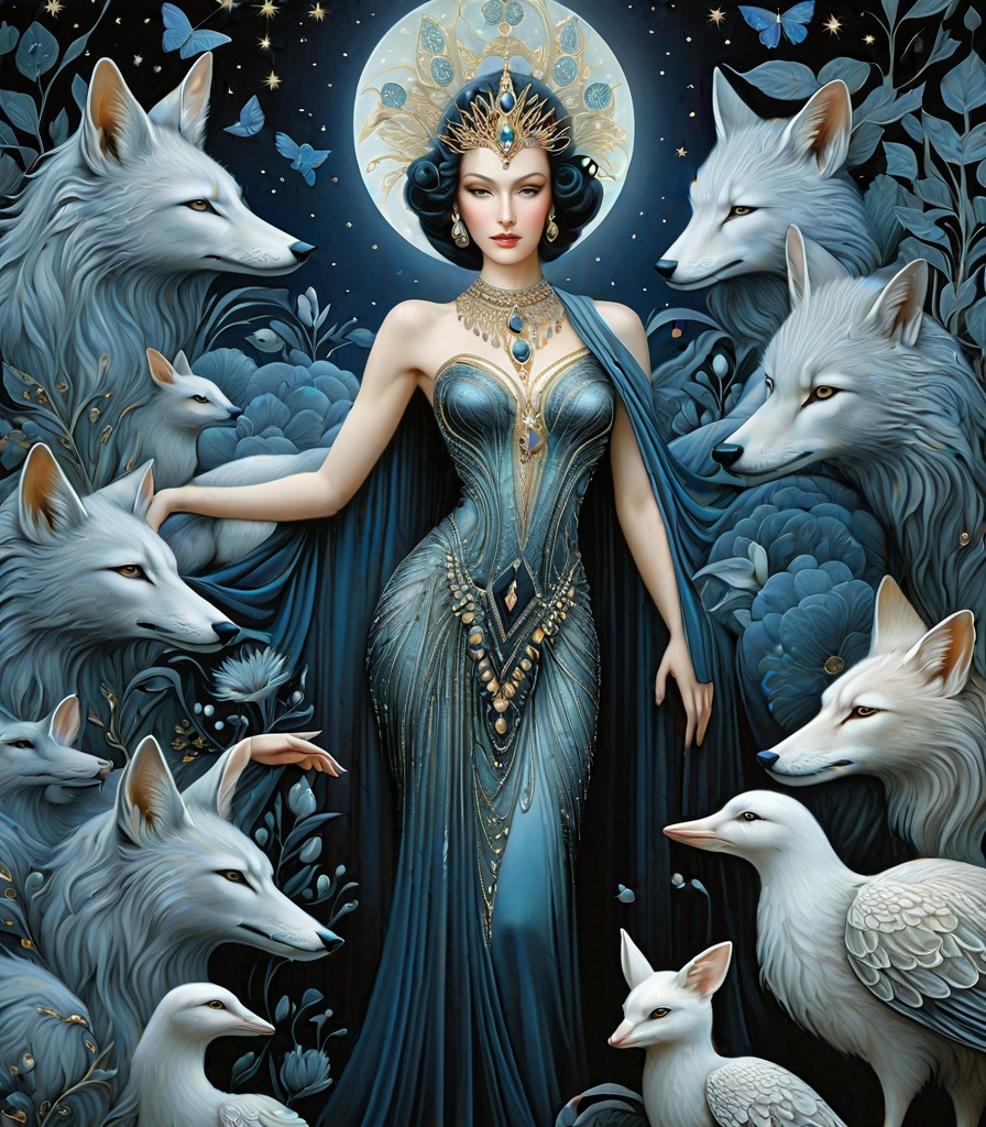 Prompt: She is a night woman surrounded by night animals style of Faiza Maghni, Bob Mackie, Frieke Janssens, Aaron Jasinski, Genevieve Godbout, Morris Hirshfield, Robert Gillmor, Amy Giacomelli. Soft pearlercent colors, Extremely detailed, intricate, beautiful, 3d, high definition