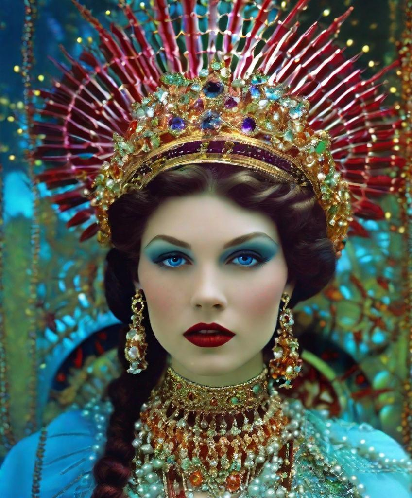 Prompt: most iconic photonegative refractograph of the 20th century Beautiful princess with headress made of crown of thorns and pearls, jewels , hot vs cold colors, come hither look, femme fatale photonegative refractograph 