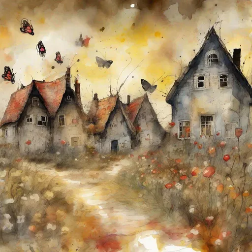 Prompt: Aquarel fleeing wet colors waterpaint waterspray golden fog butterflies Lightshining flowers wind sun swaying dreamy transparent and time illustration beautiful Giger Michel basquiat Anselm Kiefer Egon Schiele Vermeer Dahli Agnès frijlink Jean duvet Chiaoroscuro peaceful friendly environment and time illustration of field depth of field digital painting horror illustration; gooey strawberry houses; evil gnomes; dark fantasy high fantasy; strawberry shortcake cartoon; creepy rainbrow brite; wlop; trending on artstation; highly details; insanely detailed and intricate; high contrast; bright colors and dark creepy shadows; dripping melting molten darkness; color pencil drawing; heavy shadows; 32k; unreal engine 5; octane render; tim burton; brom; tom bagshaw; artgerm