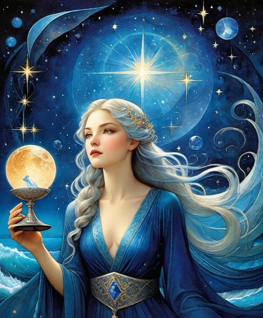 Prompt: style by Michael Shapcott, Jane Small, Susan Seddon Boulet, Shozo Shimamoto, Christian Schloe, Sophie Delaporte, Amanda Sage; Summon Serena, a sapphire-eyed siren, standing serenely beneath a star-strewn sky, surrounded by shimmering sapphire streams, sporting a satin gown, and sipping from a silver chalice