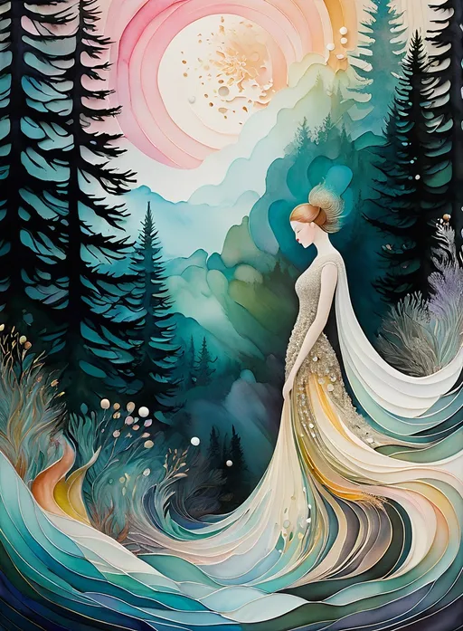 Prompt: multi exposure, goddess of love with pearl masterpiece coniferous, fashion editorial art by Lin Fengmian, Anna dittmann, Justin Gaffrey, John Lowrie Morrison, Patty Maher, John Ruskin, Chris Friel, van Gogh, Valerie Hegarty, endre penovac. 3d, soft colors watercolors and ink, beautiful, fantastic view, extremely detailed, intricate, best quality, highest definition, rich colours 3d, extremely detailed, intricate, beautiful, high definition 