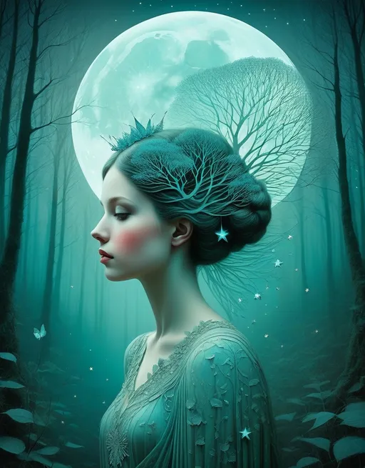 Prompt: Anaglyph, Beautiful moonlight forest girl fairy , tom bashaw and catrin welz-stein, surreal dream. Extremely detailed, intricate, beautiful, high definition 