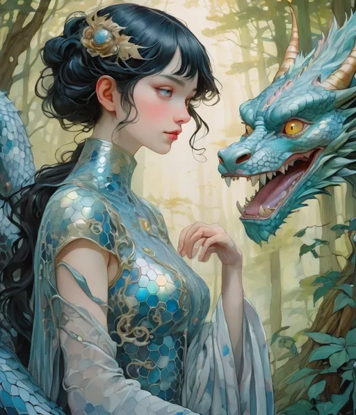 Prompt: the cheshire princess has lost her smile but she has a dragon protector. Mythical creatures background forest. Android Jones, James Jean, takato yamamoto, Arthur Rackham. watercolor, volumetric lighting, maximalist, concept art, intricately detailed, elegant, expansive, 32k, fantastical, golden ratio principles, haunted, glass sculpture, honeycomb patterns, art by makoto shinkai, conrad roset. 3d, iridescent watercolors ink, polished finish, gradient chrome colors.