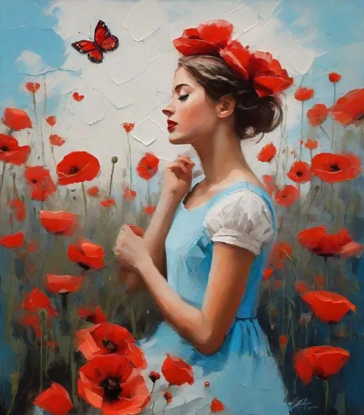 Prompt: Thick palette knife drawing, art by Beth Conklin: a pretty girl and the butterflies sitting through the poppies. Tall red poppies touching her face, the butterflies flying around her head. The red flowers color pops up against the light blue sky. large brush strokes, oil painting, she is wearing a white dress.