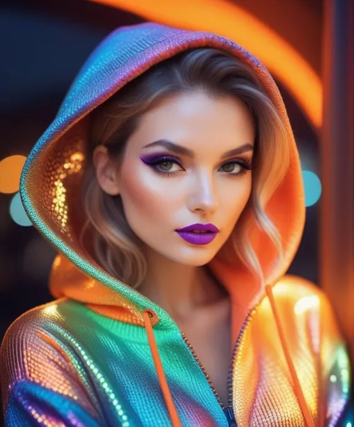 Prompt: Style by David Bellemere, Kathy Fornal, Neil Krug, Colorful chameleon hoodie on a girl, bright colorful lipstick, eyeliner and eye shadow, metallic makeup, knit hoodie, orange lighting, 