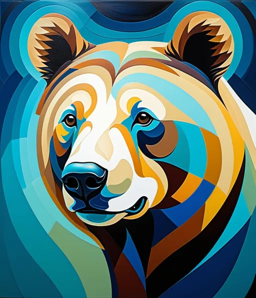 Prompt: Charming photonegative refractograph bear, oil painting, abstract, in the style of Picasso, featuring chalcedony hues. Craft a simple and minimalistic line art that portrays the strength and majesty of this magnificent creature.