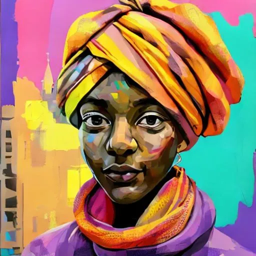 Prompt: Create a detailed image of a person with a serenely expression, wearing a brightly colored turban adorned with newspaper text. The background should feature a whimsical, cartoon-like cityscape, filled with bright colors and bold outlines. The overall style should be vibrant, lively, and abstract, resonating with the characteristics of 20th-century pop art. Emphasize on 3D-like depth and an amalgamation of vivid patterns and shapes, creating a cheerful and energetic atmosphere in the photonegative refractograph composition.