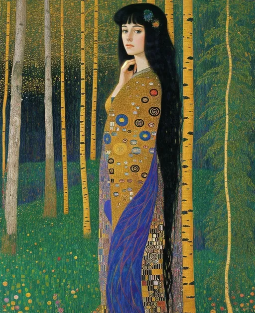 Prompt: The beautiful young lady, She comes in colors everywhere She combs her hair She's like a rainbow Coming, colors in the air Oh, everywhere She comes in colors, Gustav Klimt, Carboniferous Forest