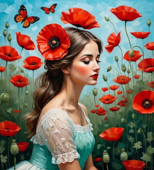 Prompt: Thick palette knife drawing, art by Beth Conklin and Esteban Cortazar: a pretty girl sitting in a garden of poppies poppies and butterflies. Tall red poppies touching her face, butterflies flying around her head. The red flowers color pops up against the light blue sky. large brush strokes, oil painting, she is wearing a white dress and green lace.