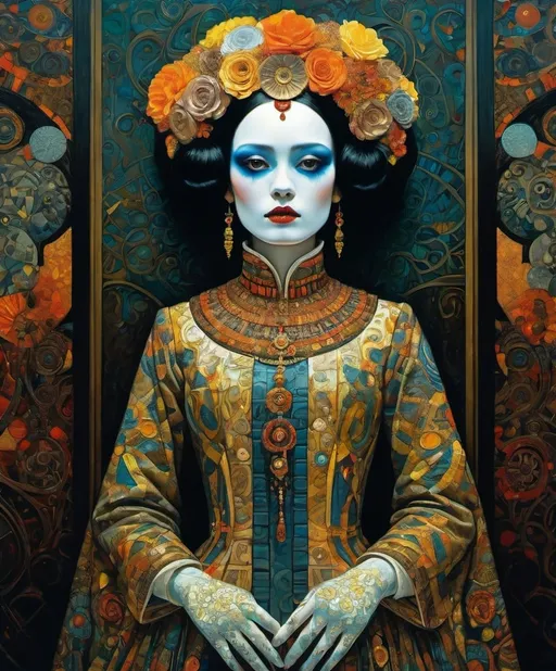 Prompt: Art by Klimt, David Palumbo, Daniel Merriam, Diego Rivera, James Eads, Mothmeister, she is almost passable as human, Why don't you take off your human costume, girl?, macabre horrific, highly detailed , rich in colors