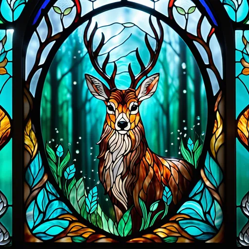 Prompt: A beautiful whimsical Forest animals in Chalcedony Stained Glass 3d Portraiture 
