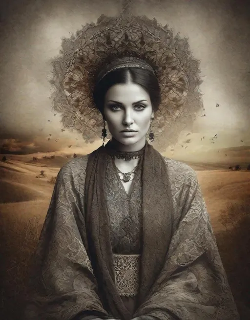 Prompt: This lonely beautiful lady, She remains an intricate tapestry of unanswered questions and tantalizing mysteries art by Daria Endresen, Lalla Essaydi, Stefan Gesell, Elger Esser, Rimel Neffati. Warm tone pallet colors, 3d, watercolors and ink, beautiful, fantastic view, extremely detailed, intricate, best quality, highest definition