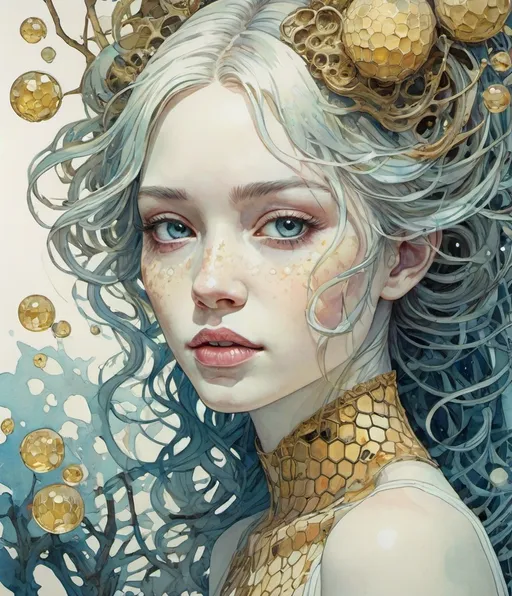 Prompt: the cheshire princess has lost her smile. Mythical creatures background forest. Android Jones, James Jean, takato yamamoto, Arthur Rackham. watercolor, volumetric lighting, maximalist, concept art, intricately detailed, elegant, expansive, 32k, fantastical, golden ratio principles, haunted, glass sculpture, honeycomb patterns, art by makoto shinkai, conrad roset. 3d, iridescent watercolors ink, polished finish, gradient chrome colors.