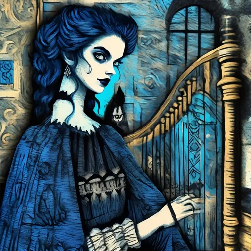 Prompt: single image: scribble badly drawing, using oil contouring and charcoal featuring a melancholic gothic young woman wearing a retro opalescent dark indigo cape dress with white stitches, rockabilly ombre hairstyle, honey eyes, playing a harp in an abandoned old mansion lighted by candelabra followed by abstract owl figures. style by Mike Dargas, Gary Bunt, Van Gogh in acrylic 3d impasto style.