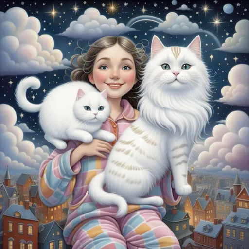 Prompt: cute smiling girl in colorful pajamas and her surreal giant white cat floating in a whimsical cloud, a starry sky over a snowy and lightning city, cat and girl floating in the same cloud, style by David Wiesner, Mab Graves, Jonny Duddle, Beatrice Alemagna, Benjamin Lacombe, Garry Trudeau, Gary Baseman, extremely detailed, intricate, fantastical concept, 