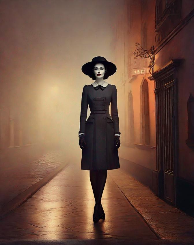 Prompt: The pretty dreamy heartbroken woman with beautiful face, art by Sarah Moon, Cristobal Balenciaga, Inna Mosina, Angus McBean, elsa Bleda, Elger Esser. Night Foggy Empty street background, warm colors pallet, rim lighting reflection, 3d, watercolors and ink, beautiful, fantastic view, extremely detailed, intricate, best quality, highest definition
