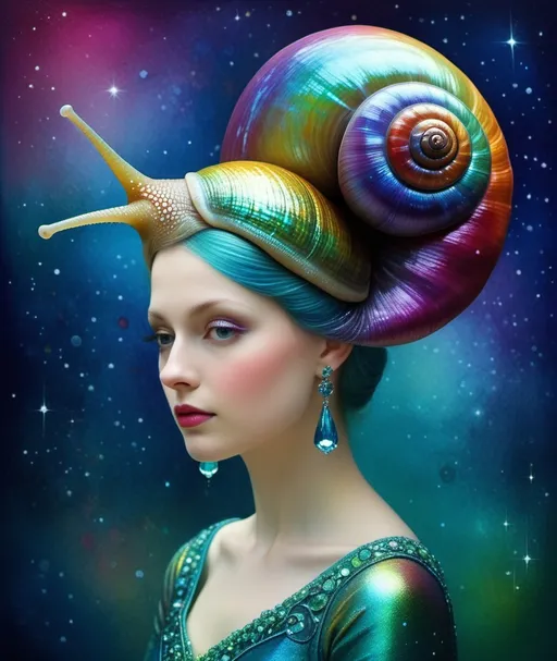 Prompt: A beautiful iridescent snail queen, beautiful iridescent snail shell as a crown, she is beautiful dazzling, glistening rainbow, iridescent shells, beautiful face, shimmering, caia Koopman, Hiro isono, Van Gogh, endre penovac, catrin welz-stein, Jean Baptiste monge, Gerhard Richter, sascalia, Amy sol. Watercolor impasto, Highly detailed, intricate, crossed colors, beautiful, high definition, fantastic view. 3d, iridescent Watercolors and Ink, intricate details, volumetric lighting 