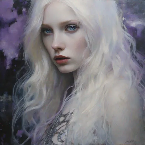 Prompt: A very beautiful albino girl, Violet eyes, long hair, black and silver ethereal clothes art by  William Oxer, Nickolas Muray, Aliza Razell, Charles Robinson, esao Andrews. Ethereal background, Mixed media, 3d, extremely detailed, intricate, high definition, crisp quality 