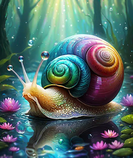 Prompt: A beautiful iridescent snail kingdom queen, glistening snail trails, snail kingdom, rainbow snails, many snails, iridescent shells, shimmering, dazzling, caia Koopman, Hiro isono, Van Gogh, endre penovac, catrin welz-stein, Jean Baptiste monge, Gerhard Richter, sascalia, Amy sol. Watercolor impasto, Highly detailed, intricate, crossed colors, beautiful, high definition, fantastic view. 3d, iridescent Watercolors and Ink, intricate details, volumetric lighting 