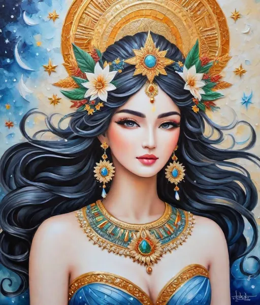 Prompt: let the asterism amazing beautiful goddess bring you grace and peace. 3d, extremely detailed, intricate, beautiful, elegant, guache impasto, 