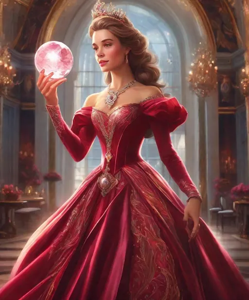 Prompt: photo-realistic, hyper-realistic, in the style of stanley artgerm lau and amanda conner, the gorgeous and charming princess laure-auguste de fitz-james, princesse de chimay, wearing a stunning ruby and diamond ball gown and holding a glowing crystal caduceus, in dynamic pose, 8k, niji