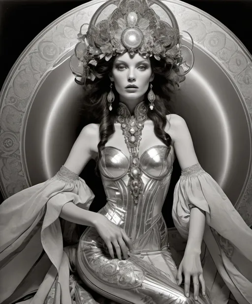 Prompt: photonegative refractograph of bifrost couture by westwood and mucha, vogue magazine, brunette