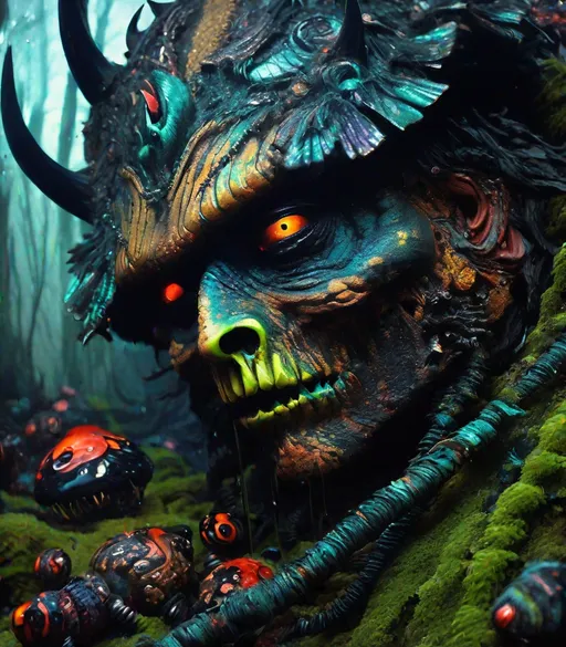 Prompt: graffiti:: the strange mask of a scary beautiful monster, in the style of surrealist landscape painter, colorful moebius, jan steen, bob eggleton, necronomicon illustrations, pensive surrealism, whirly + art by Raqib Shaw:: A blazewave horror painting by Matt Dangler + blazewave creepy + blazewave necrosis A horror scene by Kim Myatt full body movie still of a gargantuan nonhuman hybrid biomech mixed with alien + vantablack rose filigree, gem studded, terracotta armor, detailed eye, ornate detail + perfectionism + hypermetamorphosis + blazewave ultra detailed skin + extraterrestial + ultra detailed metal blazewave + art by Emil Melmoth, Giger, Marcin Nargraba, Rebecca Millen + high fashion blazewave make up + perfectionism portrait + The image is shot in a dark style, with a sense of hopelessness and despair blazewave + close up shot + The composition is balanced and dynamic, with the rain, other people and lights are arranged blazewave in the background + The image is shot with Hasselblad X1D-50c ISO 100 