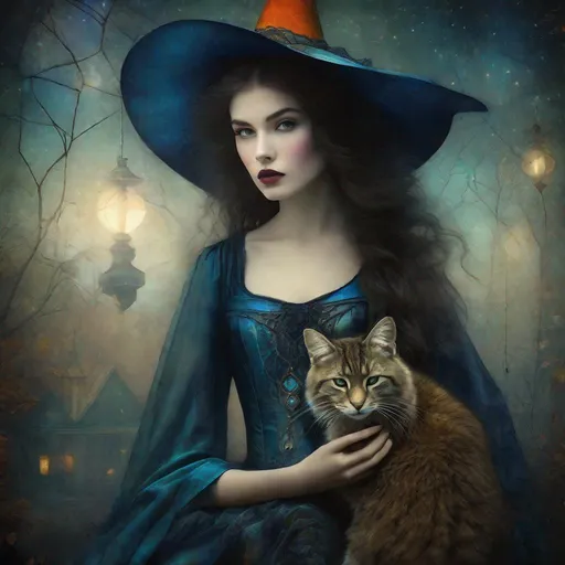 Prompt: A beautiful girl witch and her fluffy bicolor magical cat art style by Marianne Stokes, Paolo Roversi,  Christian Schloe, endre penovac, catrin welz Stein, Mondrian, James jean. High quality, highly detailed, intricate details.dynamic lighting award winning fantastic view ultra detailed high definition hdr focused glow shimmer