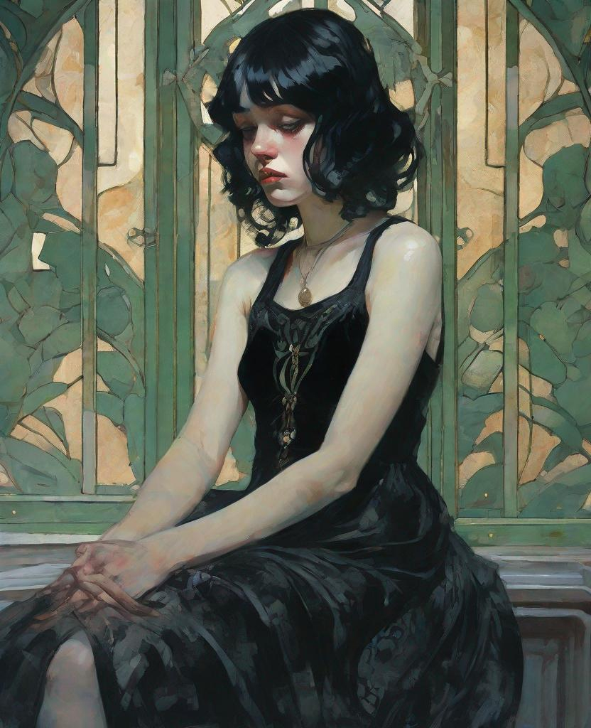 Prompt: Mead Schaeffer and Agnes Cecile style, a sad girl sitting on an eerie art nouveau decorated room, in an beautiful black velvet dress. She has piercing green eyes, beautiful black hair, night, 4k, high quality, thick black eyelashes, a complex stunning portrait of a girl with high detail