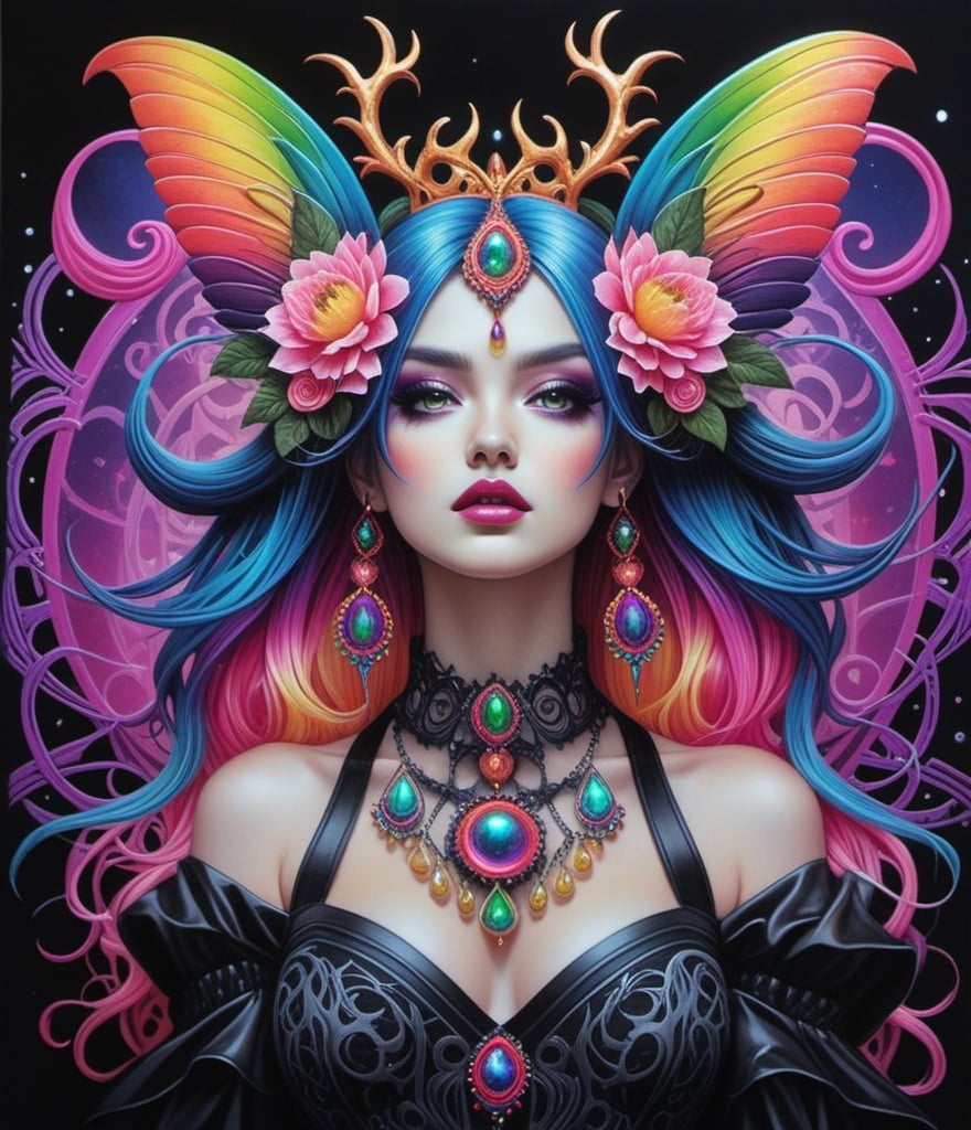 Prompt: Bold neon color. Kentaro Miura, stanley artgerm, Yusuke Murata. rainbow goth girl, full body. epic, cinematic, intricate embroidery, multicolor, stunning, mystical, gothic, goth,occult, mystic, hd, hq, cinematic, highly detailed digital art, very realistic, beautiful, fantasy, surreal, dream, many small details, concept art, illustration, Crataegus rhipidophylla goddess, paint by sakimichan, ink, watercolor. The Great Time, Creation, salt and stencil colorful dark mesmerizing illustration depicting a bizarre yet beautiful hybrid creature. The artwork captures the intricate details and surreal combination of different elements, showcasing a unique blend of realism and fantasy. Inspired by the works of Salvador Dalí and H.R. Giger. Trending among fans of dark surrealism and creature design.